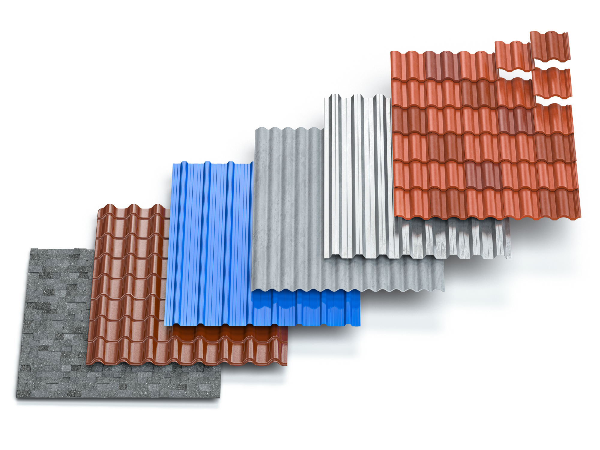 Different types of roof coating isolated on white background as a 3d illustration
