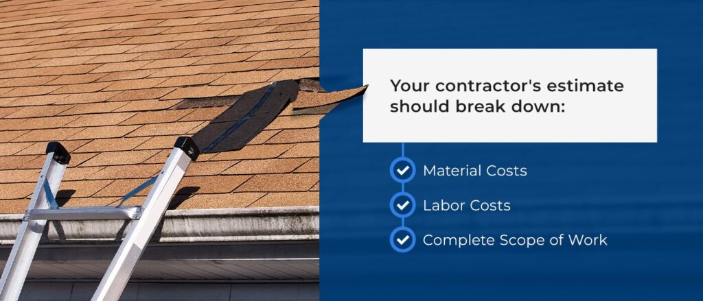 ladder next to roof with text explaining what your roofing contractor's estimate should break down